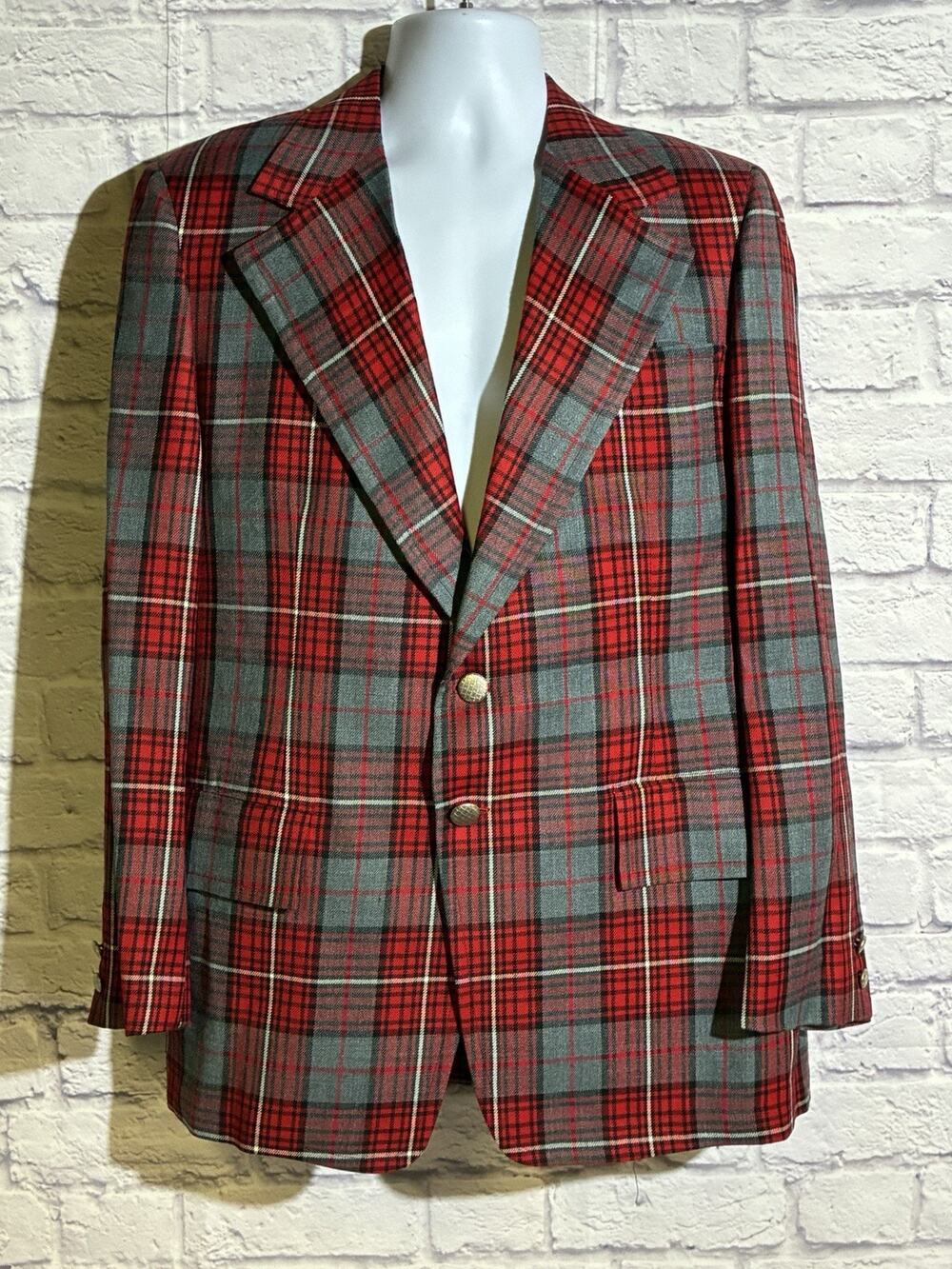 Vintage John Pomer Men’s Plaid Blazer Sport Coat Red Gray Size 44R USA